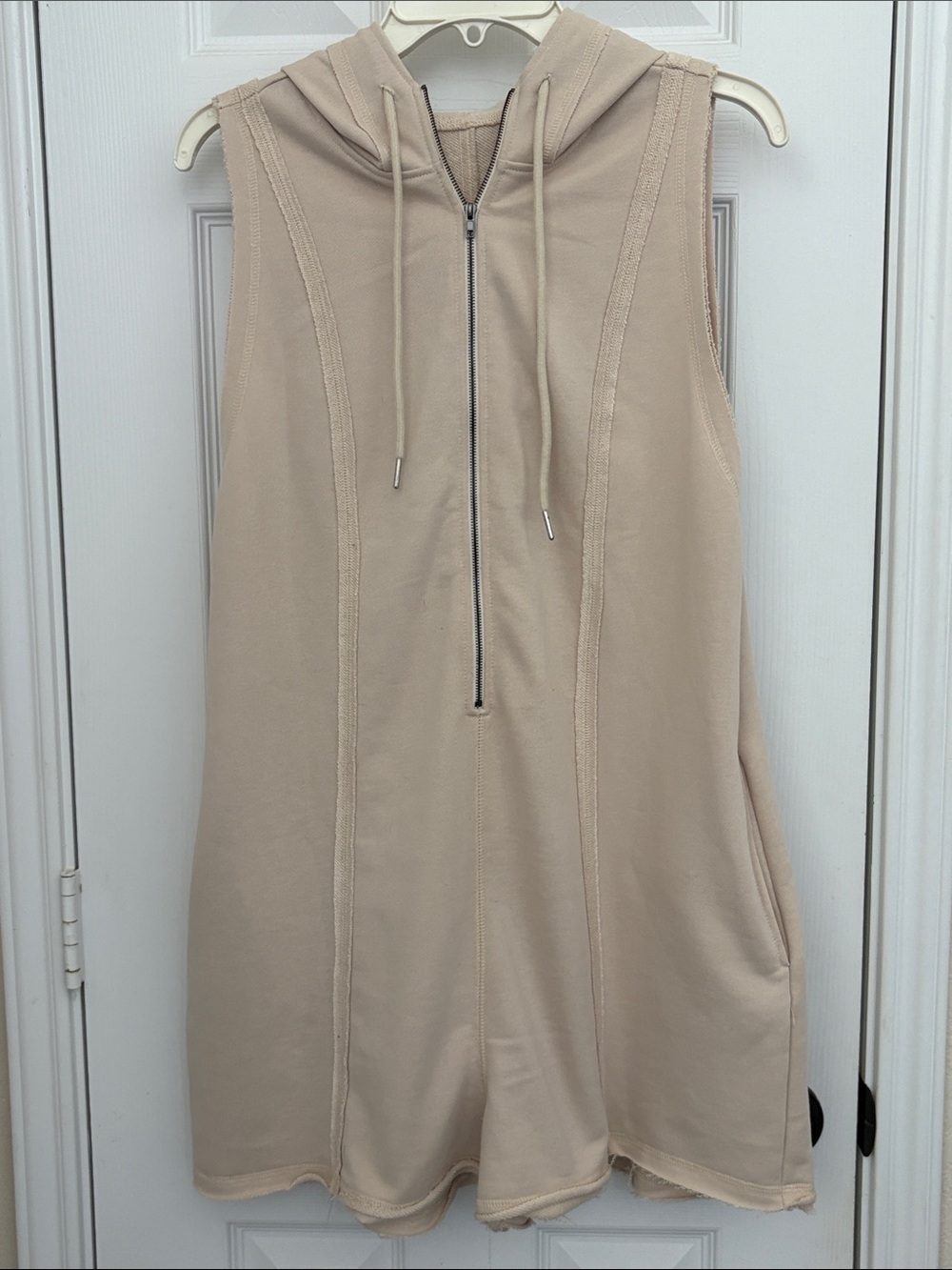 Sleeveless Hooded Zip Front Romper in Beige